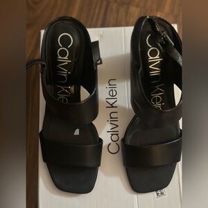 Calvin Klein Women's Black Leather Block Heel Sandals